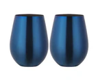 Stainless Steel Stemless Wine Glass, Outdoor Portable Wine Tumbler - Set of 2 Metal Drinking Cups-Blue