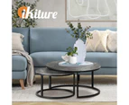 Oikiture Set of 2 Coffee Table Round Marble Nesting Side End Table - Grey/ Black