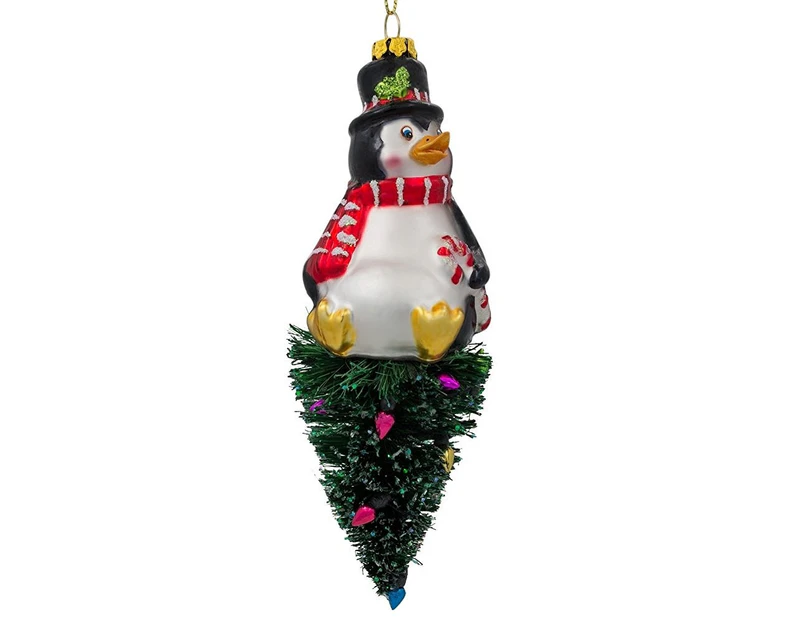 15cm Penguin on Christmas Tree Blown Glass Ornament