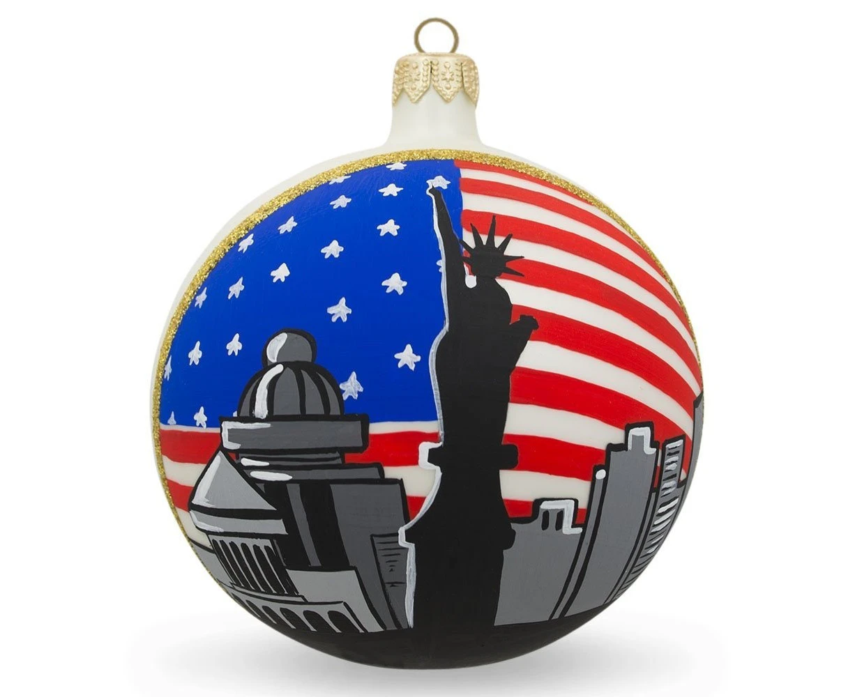 10cm Statue of Liberty, New York City USA Flag Glass Ball Christmas Ornament