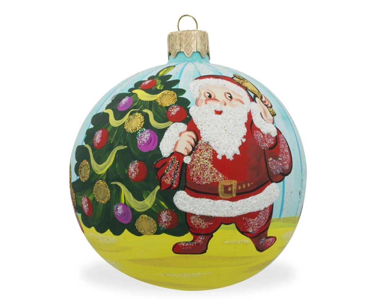 8.3cm Santa by Christmas Tree with Gifts Glass Ball Christmas Ornament