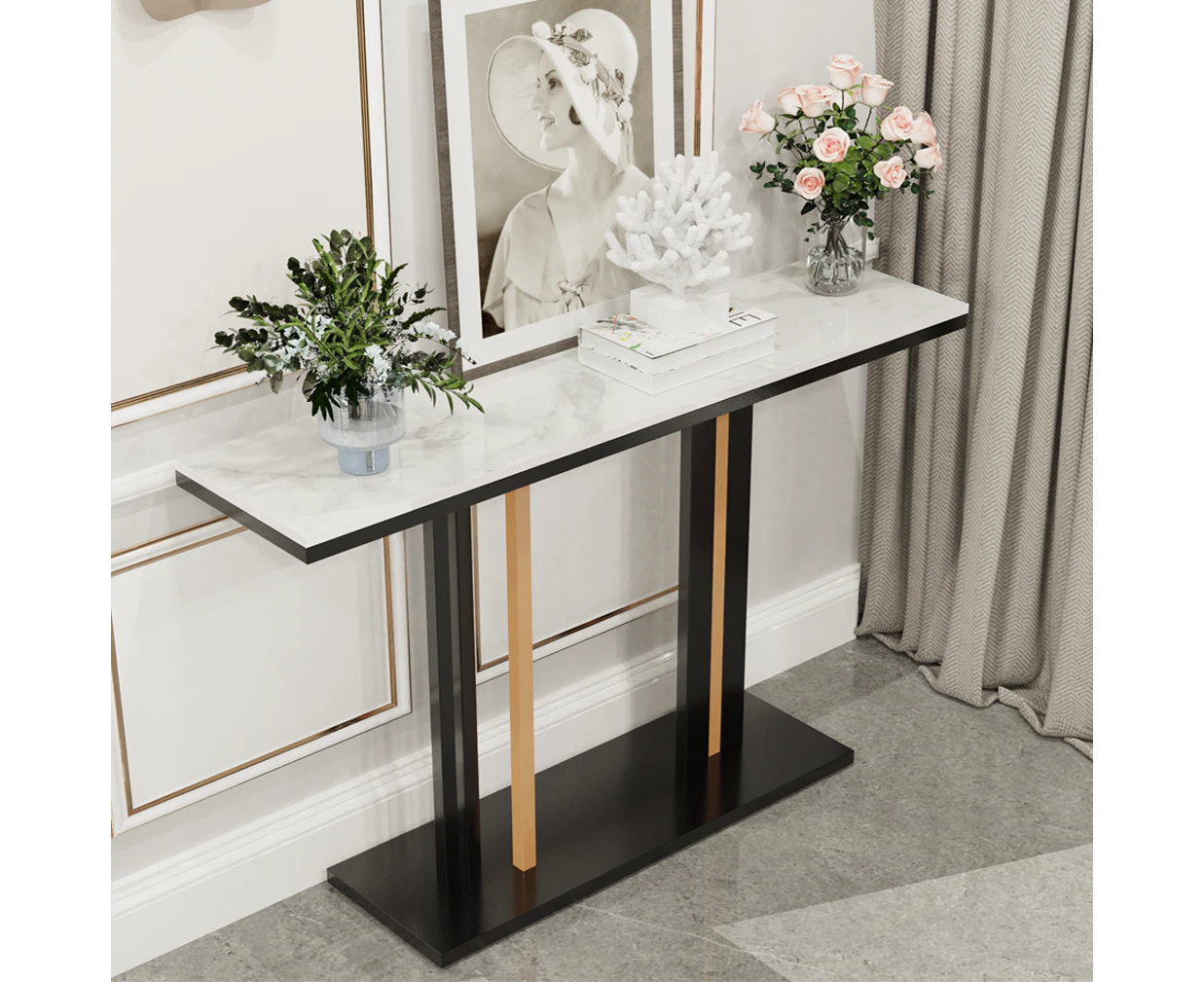 UNHO Unique Marble Console Table 118CM Sintered Stone Entryway Display Table White Top Black Frame