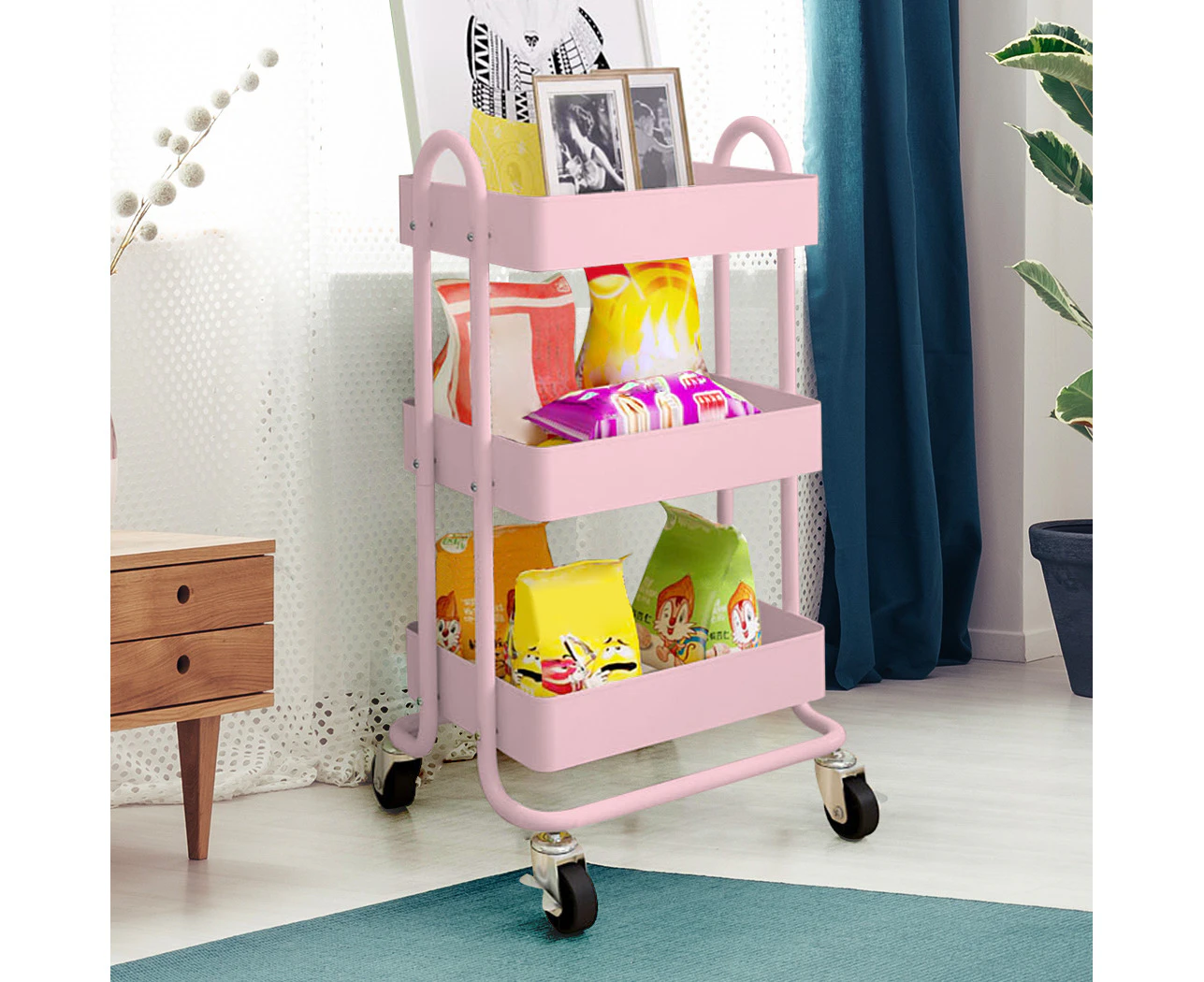 Levede 3 Tiers Kitchen Trolley Cart Steel Storage Rack Shelf Organiser Pink