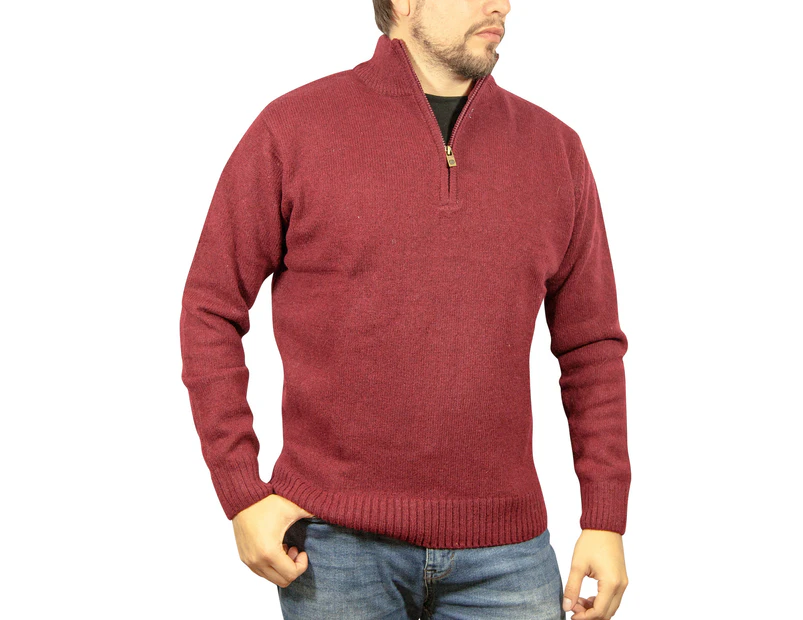 100% SHETLAND WOOL Half Zip Up Knit JUMPER Pullover Mens Sweater Knitted - Burgundy (97)