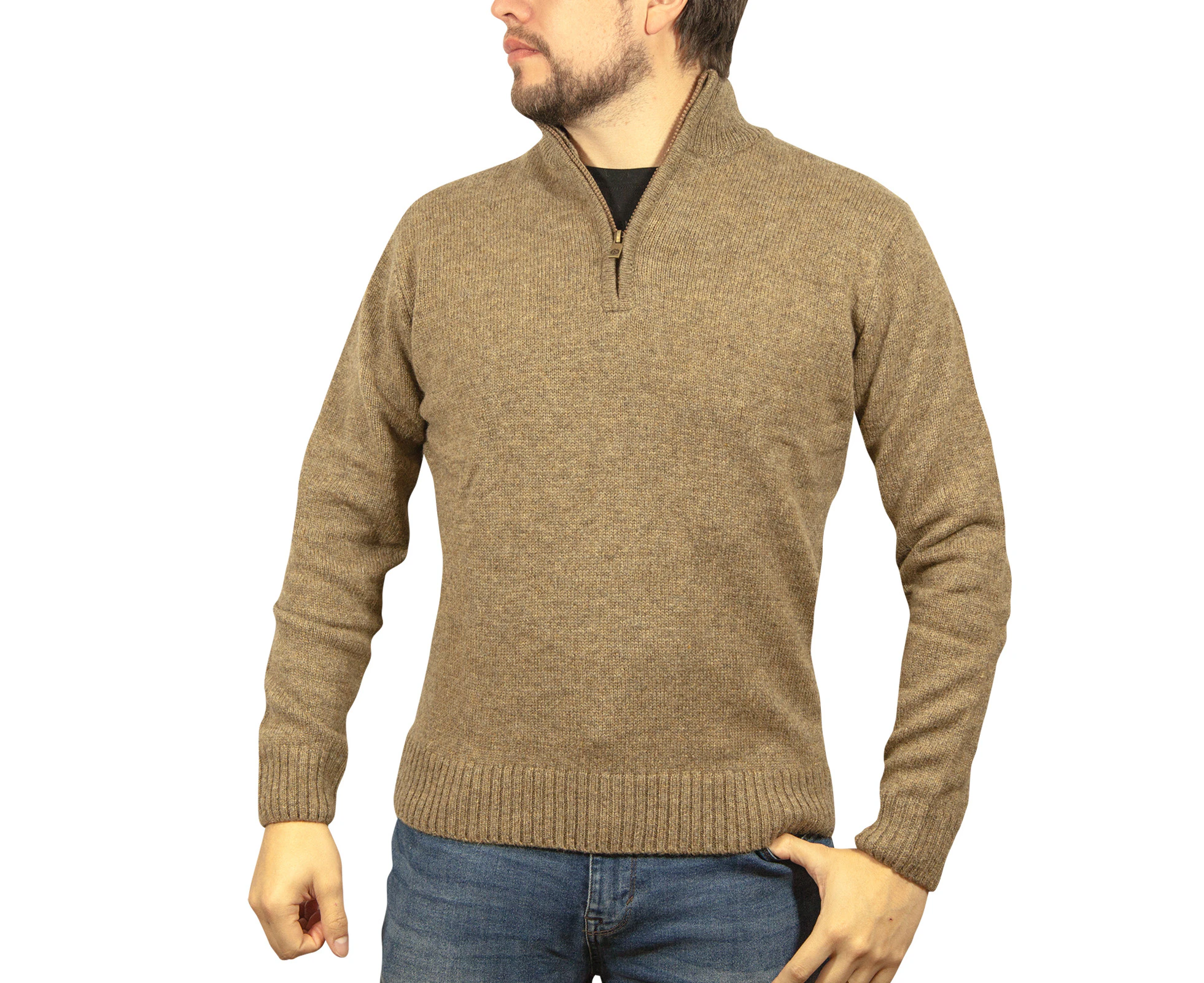 100% SHETLAND WOOL Half Zip Up Knit JUMPER Pullover Mens Sweater Knitted - Nutmeg (23)