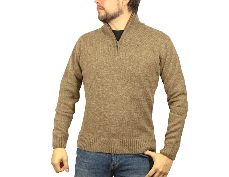 100% SHETLAND WOOL Half Zip Up Knit JUMPER Pullover Mens Sweater Knitted - Nutmeg (23)