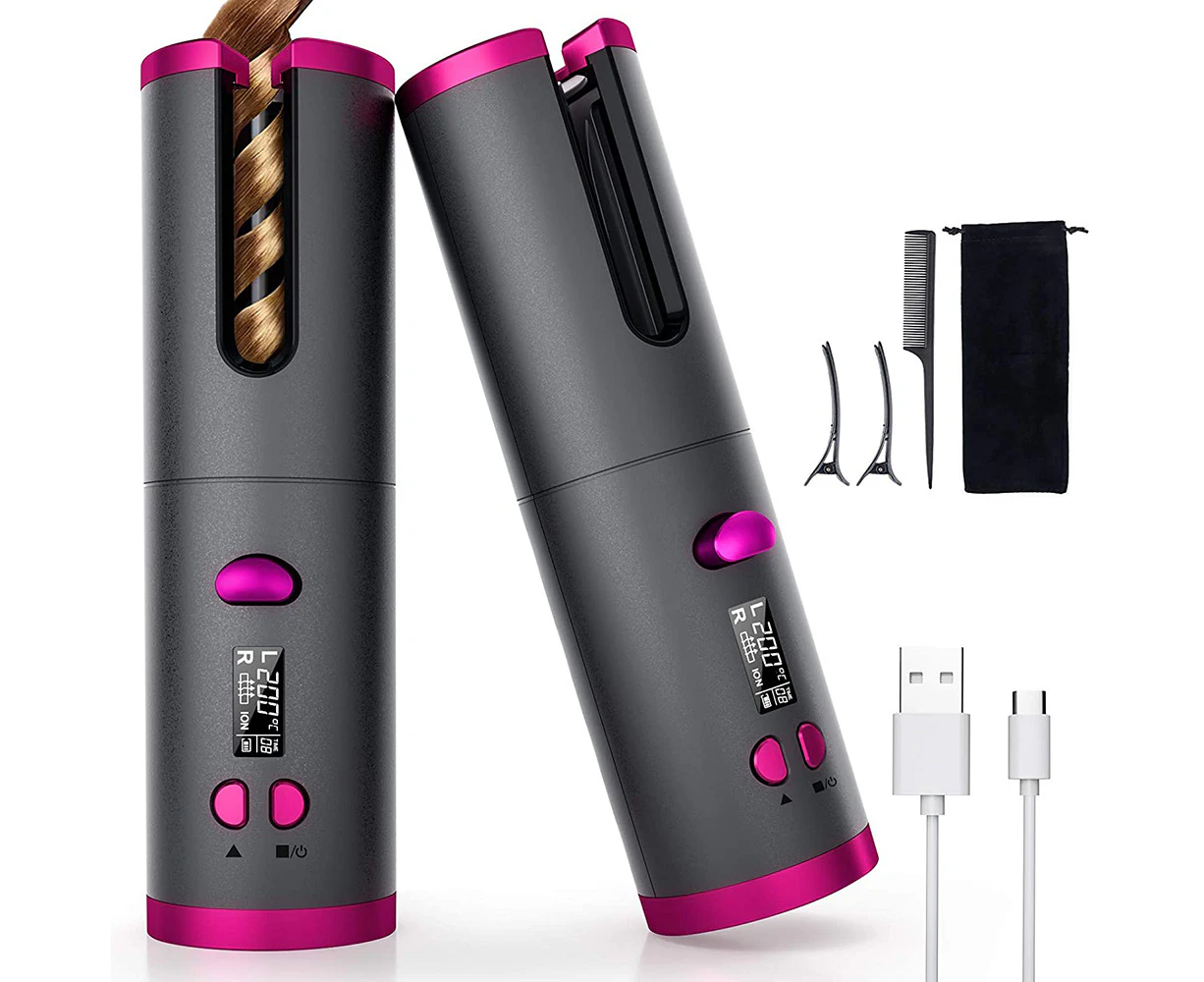 Portable Rechargeable Automatic Curling Iron,Cordless Auto Hair Curler, Ceramic Rotating Hair Curler with Temps & Timers