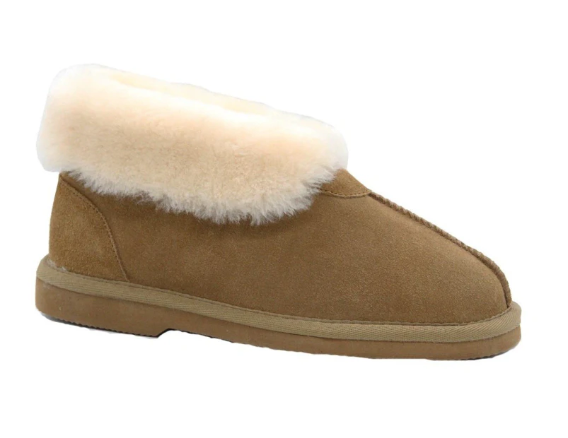 GROSBY Women's Princess UGG Boots Genuine Sheepskin Suede Leather Slippers - Chestnut