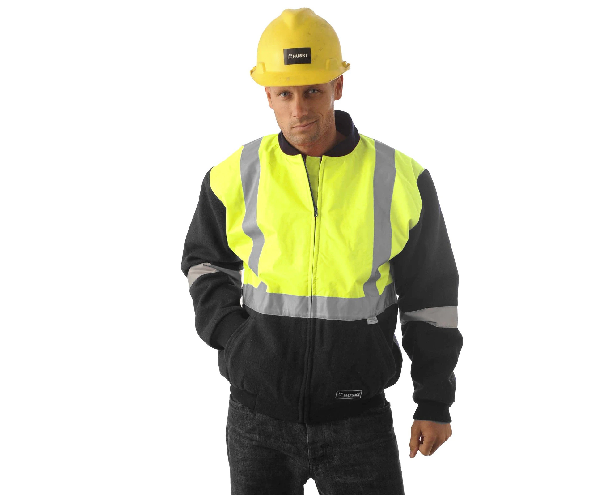 HUSKI Site Mens Hi Vis Wool Blend Bomber Jacket 3M Reflective Tape High Visibility