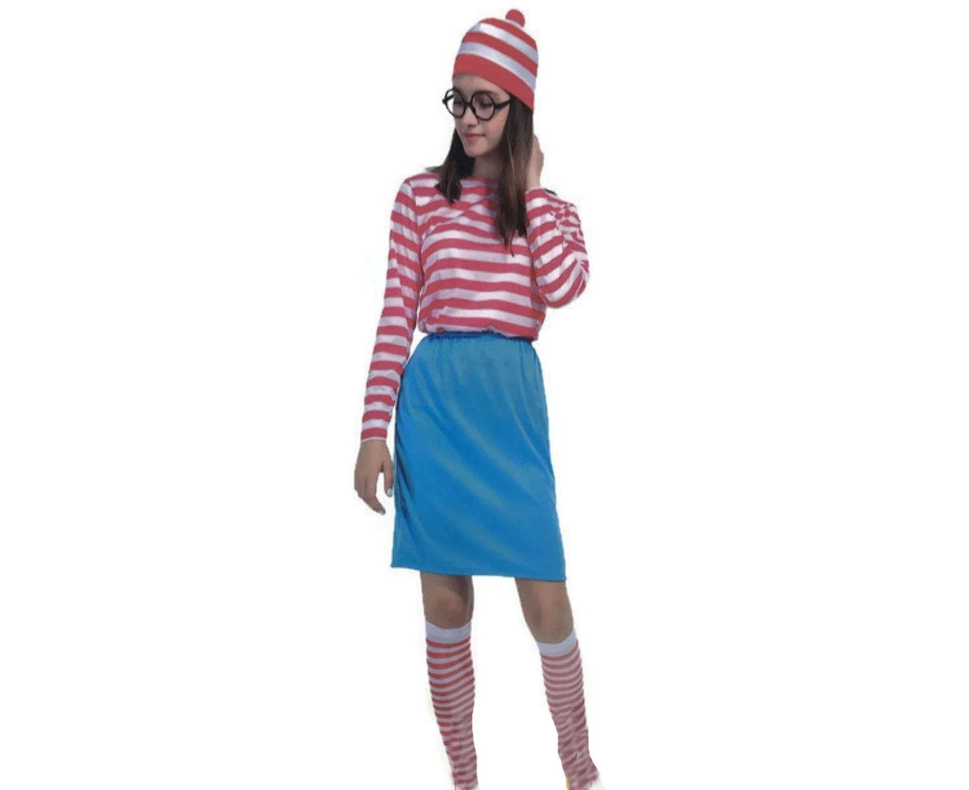 Women's Wheres Wally COSTUME FULL SET Party Hat Shirt Top Pants Ladies Book Week