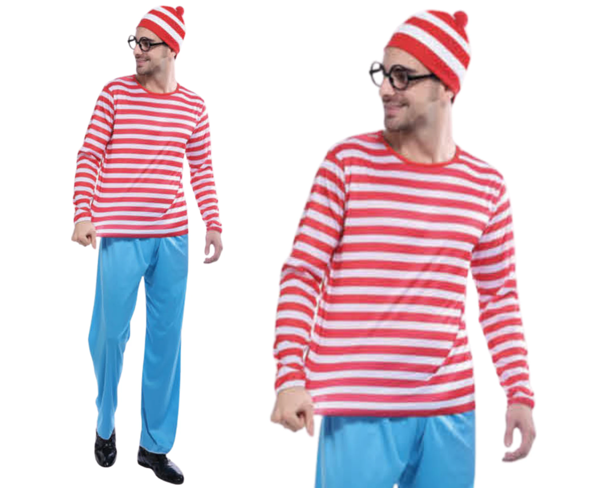 Men's Wheres Wally COSTUME FULL SET Party Hat Shirt Top Pants Book Week