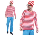 Men's Wheres Wally COSTUME FULL SET Party Hat Shirt Top Pants Book Week