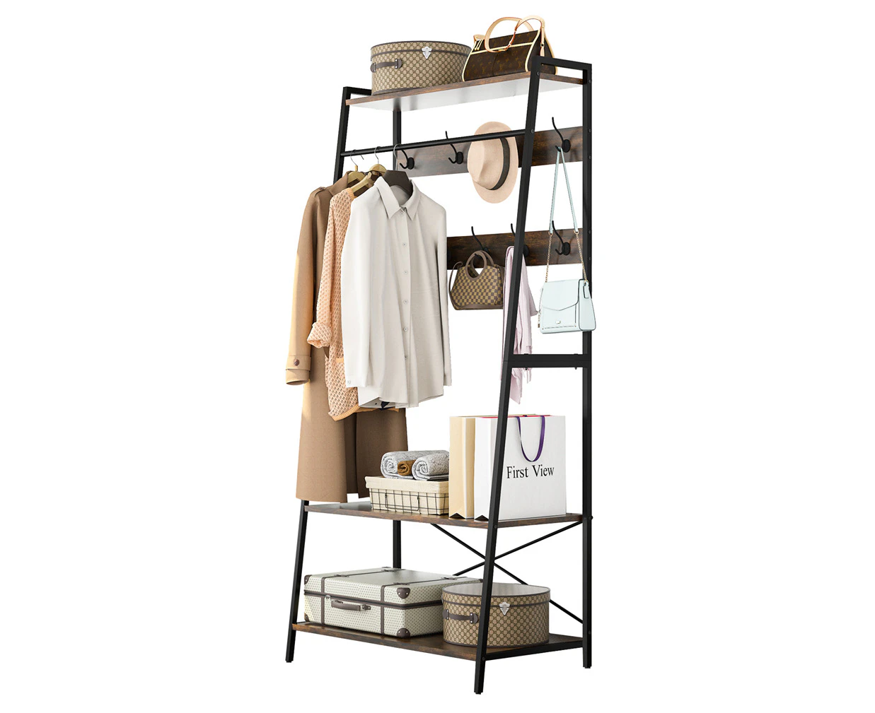 Industrial Coat Rack Wooden Clothes Stand Shelving Rack w/ Top Shelf & 10 Back Hooks