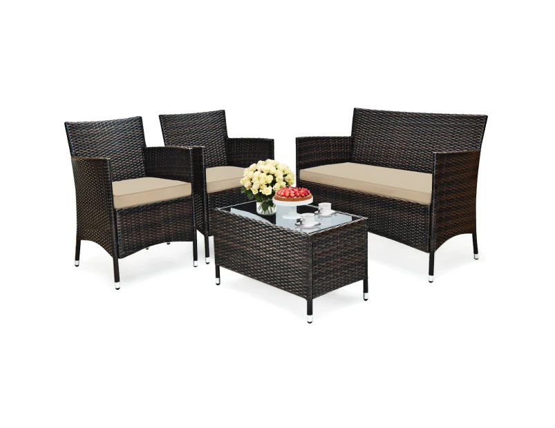 Costway 4PCS Outdoor Furniture Setting Garden Patio Wicker Dining Lounge Set Table Chair