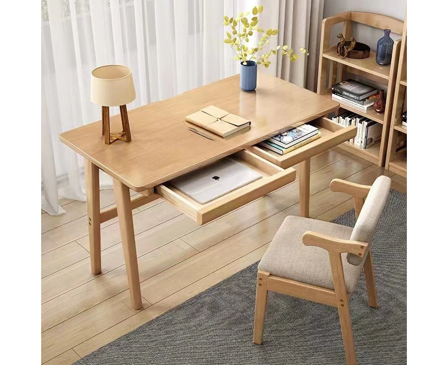 Solid Wood Study Desk with Drawers/Rubberwood/Minimal Assembly/Natural Wood Colour