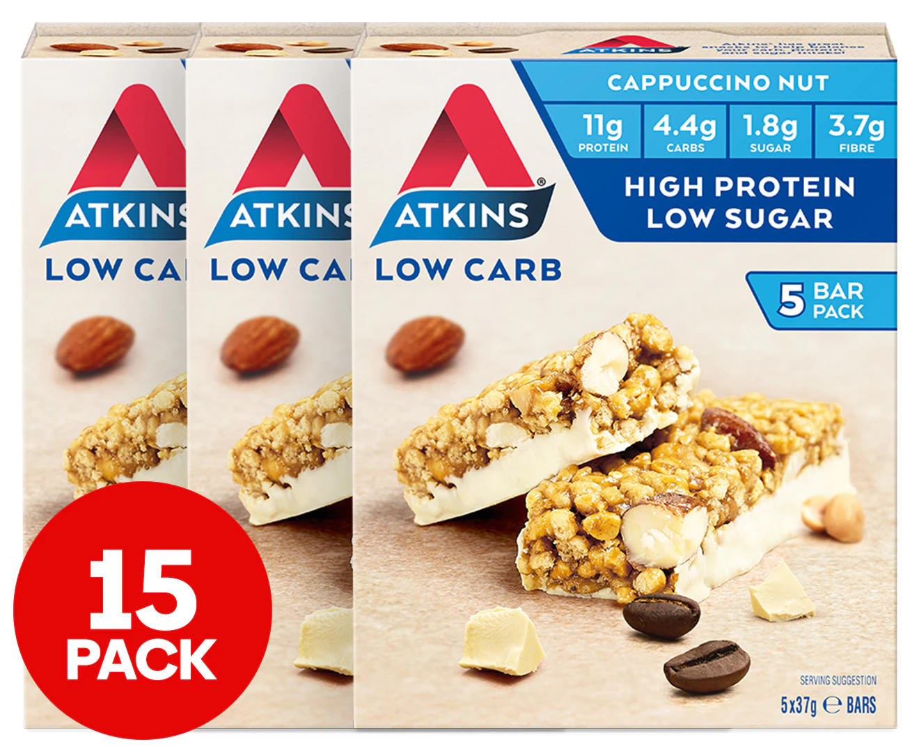 3 x 5pk Atkins Low Carb Protein Bars Cappuccino Nut