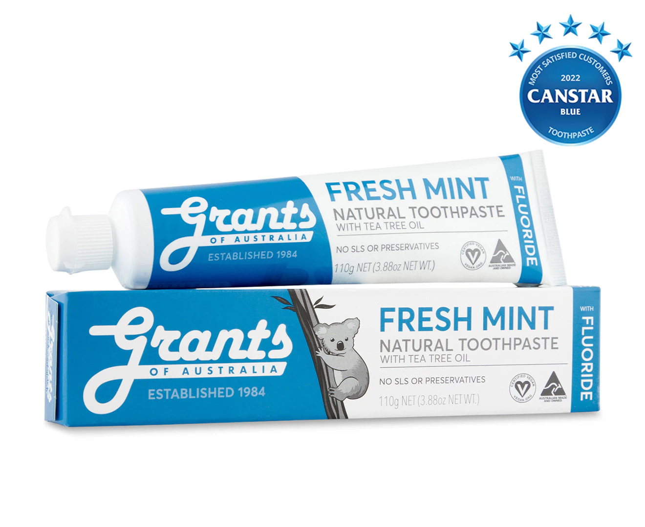 Grants Of Australia Natural Toothpaste Fresh Mint with Tea Tree Oil & with Fluoride 110g