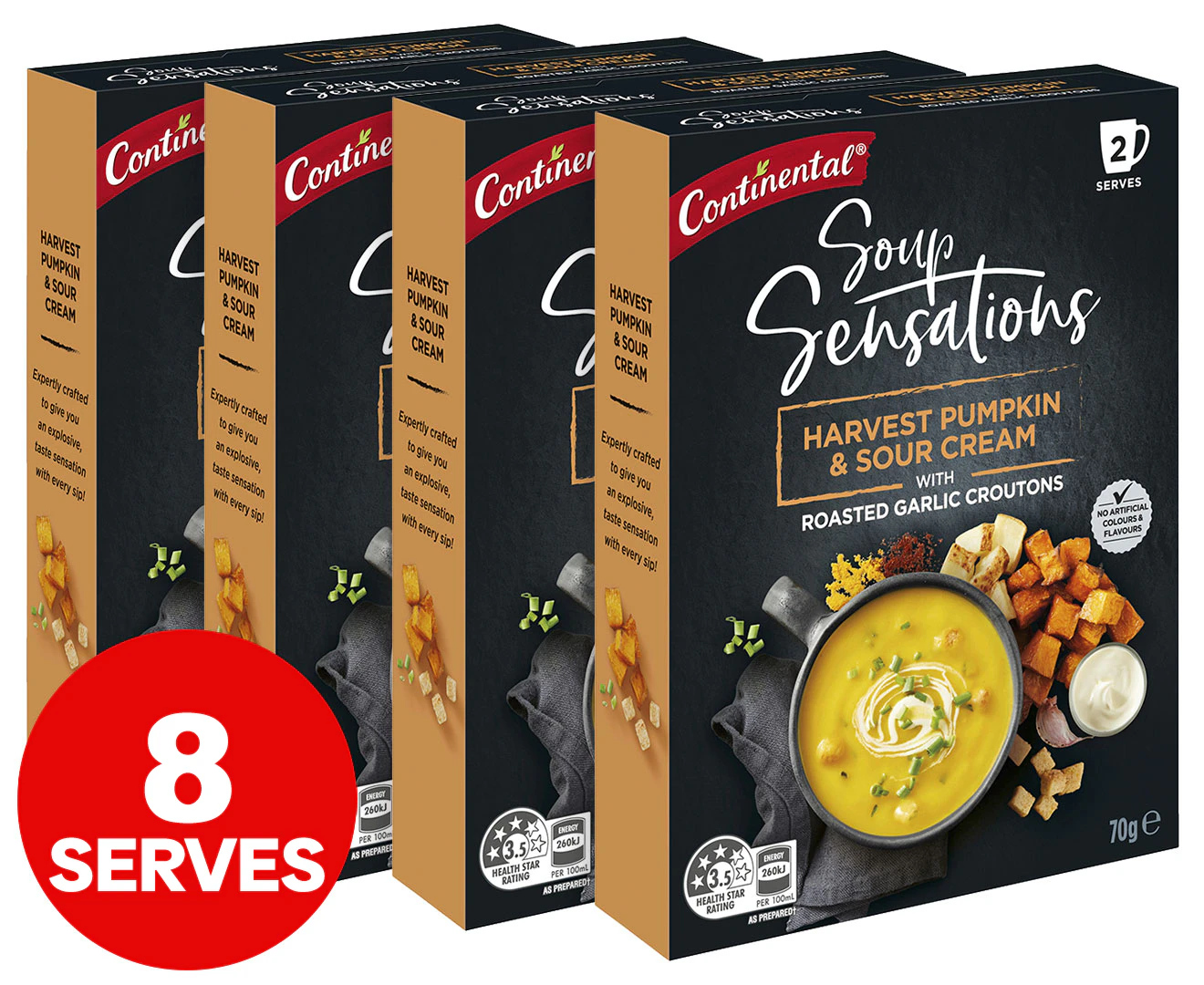 4 x 2pk Continental Soup Sensations Harvest Pumpkin & Sour Cream w/ Roasted Garlic Croutons 70g