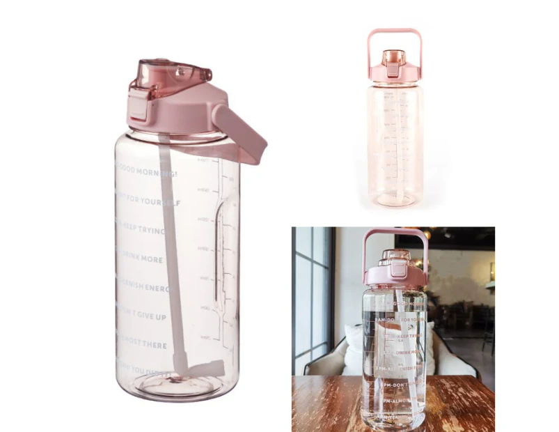 2L Water Bottle Straw Cup Motivational Drink Flask With Time Markings Outdoor Sports Gym