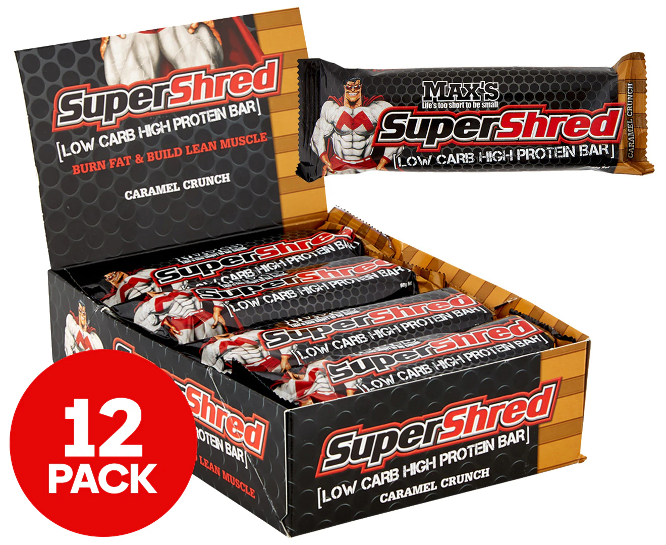 12 x Max's Super Shred Low Carb High Protein Bar 60g - Caramel Crunch