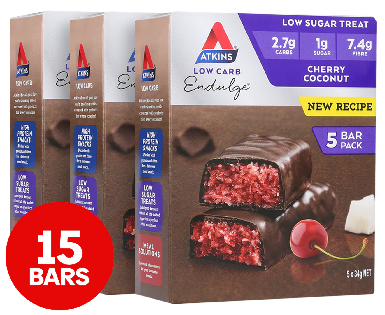 3 x 5pk Atkins Low Carb Endulge Bars Cherry Coconut