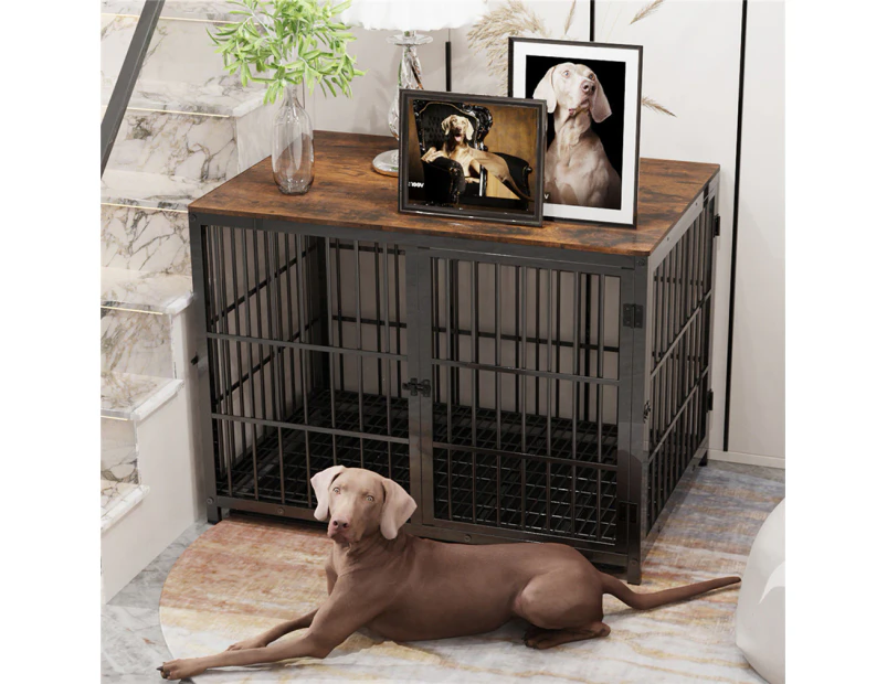 Wooden Dog Crate Furniture End Table with Door Pet Puppy Cage 107 x 71 x 81cm - Black
