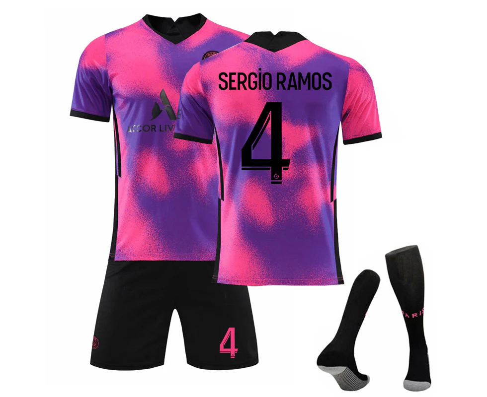 Paris Saint-Germain Fourth Jersey 2020-21 Sergio Ramos No.4 Soccer Jersey 3-Pieces Kits For Kids Adults