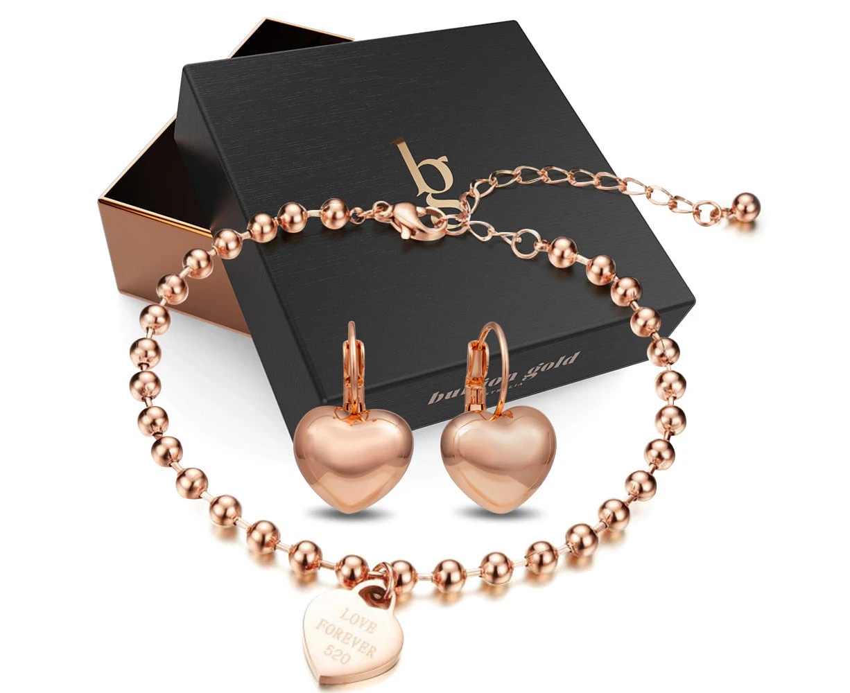 Boxed Heart Love Anklet and Leverback Earrings Set in Rose Gold