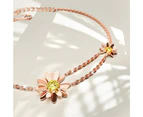 Boxed Two Daisy Flower Bracelet and Sunflower with Leaves Necklace in Rose Gold