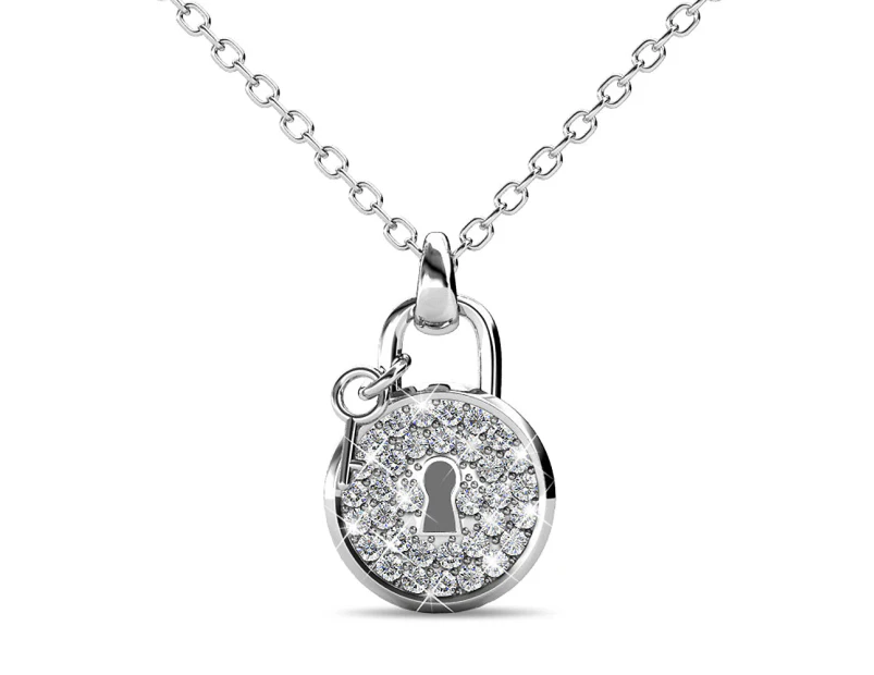 White Gold Pave Set Padlock Necklace Embellished with Swarovski Crystals