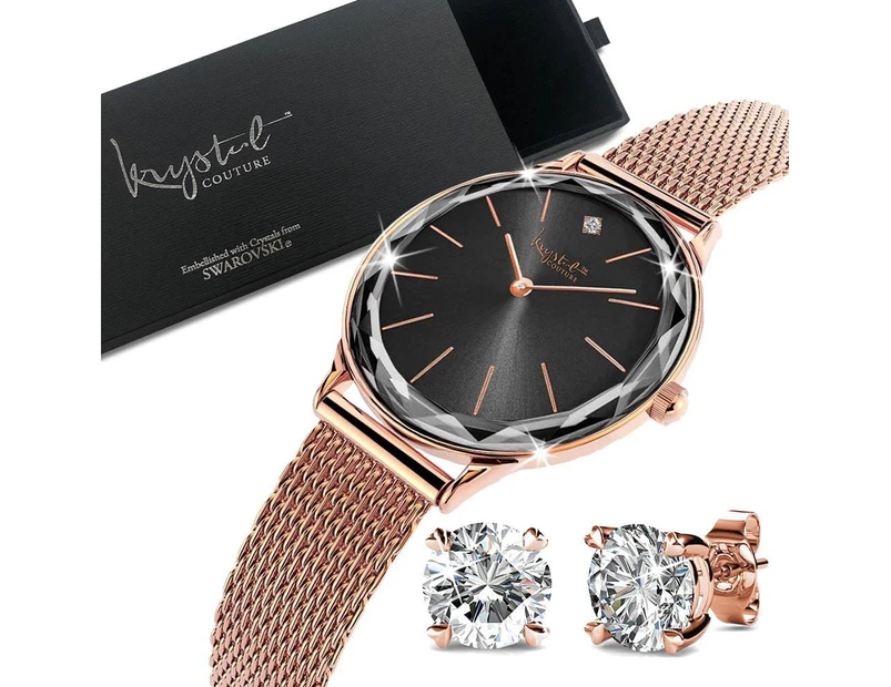 Boxed of Krystal Couture Mineral Glass Watch with Earrings Embellished with Crystals from Swarovski Set in Rose Gold