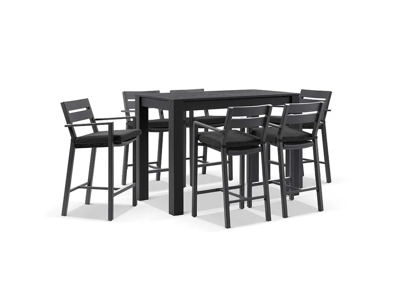 Outdoor Santorini Outdoor Aluminium 1.5M Rectangle Bar Table With 6 Bar Stools - Outdoor Aluminium Dining Settings - Charcoal Aluminium with Denim Grey Cushions