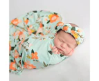 2Pcs/Set Infant Receiving Blanket Floral Print Photography Prop Warm Newborn Swaddle Blanket Headband Set for Infant Accessories-Blue Green