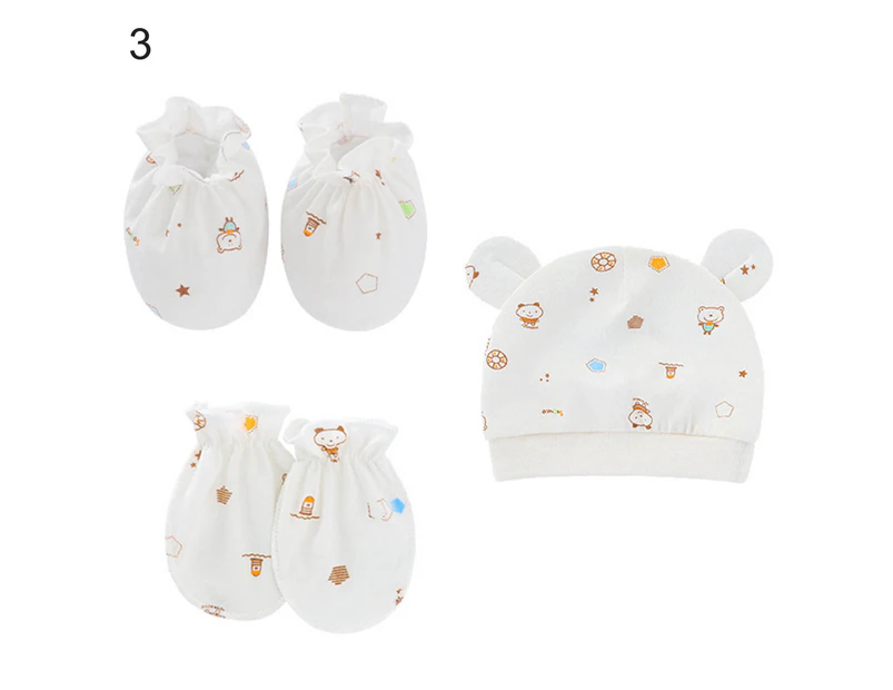 3Pcs/Set Baby Hat Mittens Cartoon Pattern Keep Warmth Breathable Cute Infant Beanie Caps Gloves Foot Covers Baby Supplies- 3