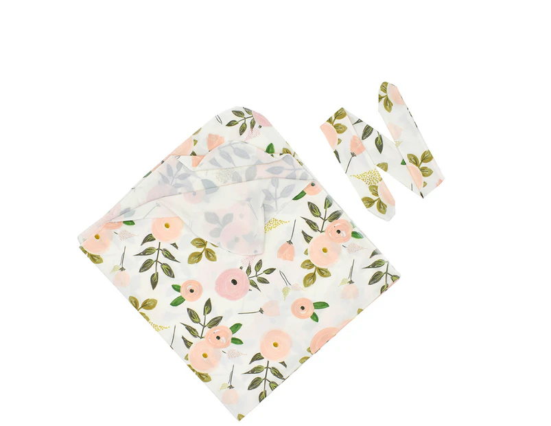 2Pcs/Set Infant Receiving Blanket Floral Print Photography Prop Warm Newborn Swaddle Blanket Headband Set for Infant Accessories-White