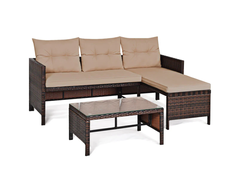 Costway 3PCS Patio Wicker Rattan Sofa Set Outdoor Sectional Conversation Set Garden Lawn Brown