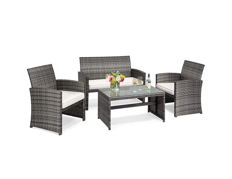 Costway 4PCS Patio Rattan Furniture Set Conversation Glass Table