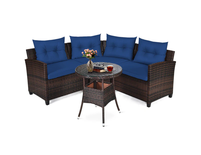 Costway 4PCS Patio Furniture Outdoor Rattan Sofa Set Lounge Couch Setting w/Glass Table Garden Backyard Navy