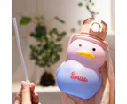 650ml Duck Water Bottle with Straw Lock Design Suspender One Key Open Transparent Lid Water-drinking Kawaii Leakproof Duck Water Cup for Student-Pink