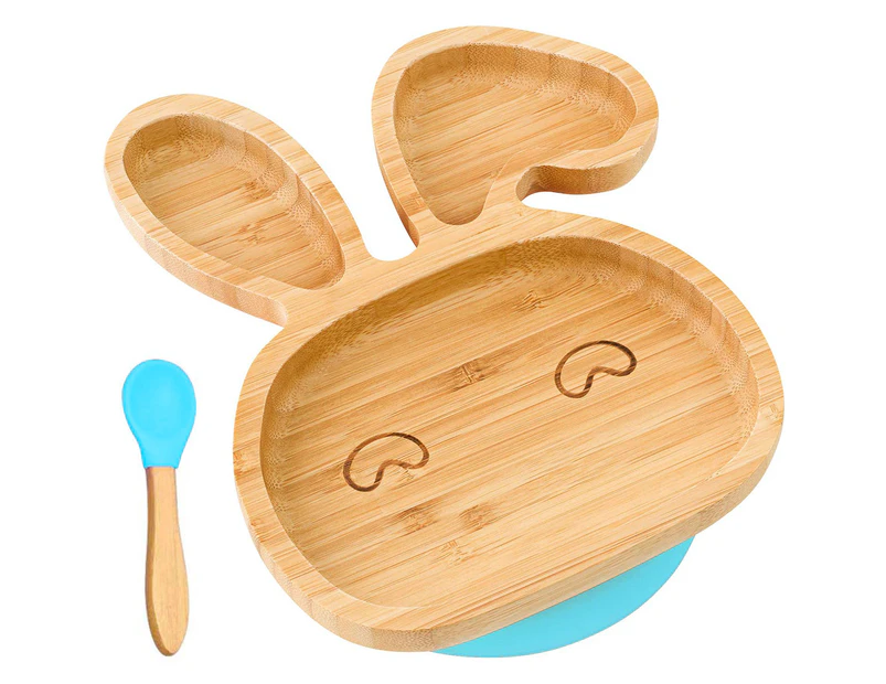 Baby Toddler Bunny Suction Plate, Stay Put Feeding Plate, Natural Bamboo (Blue) Hand-wash Only