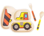 Kid Plate Set Bamboo Toddler Plates Dinnerware Dinner Dish Set Baby Feeding Spill Proof Divided Plate - Baby Spoon and fork 3-Piece Set-bulldozer