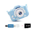 Cartoon Cat Kids Camera-X5S Cat Blue + 32G Memory Card + Card Reader