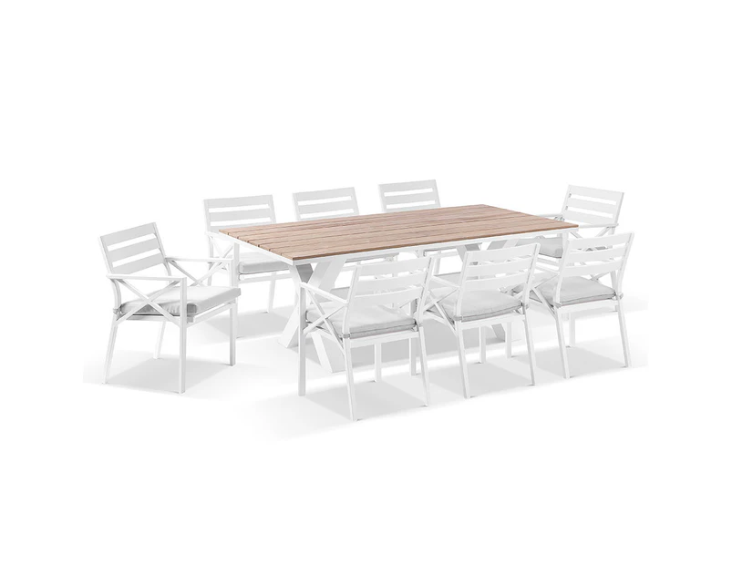 Outdoor Kansas 2M Outdoor Teak Timber And Aluminium Dining Table With 8 Chairs - Outdoor Aluminium Dining Settings - White with Textured Olefin Grey cushions