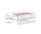 Outdoor Kansas 2M Outdoor Teak Timber And Aluminium Dining Table With 8 Chairs With Sunbrella Cushions - Outdoor Aluminium Dining Settings - White with Sunbrella cushions