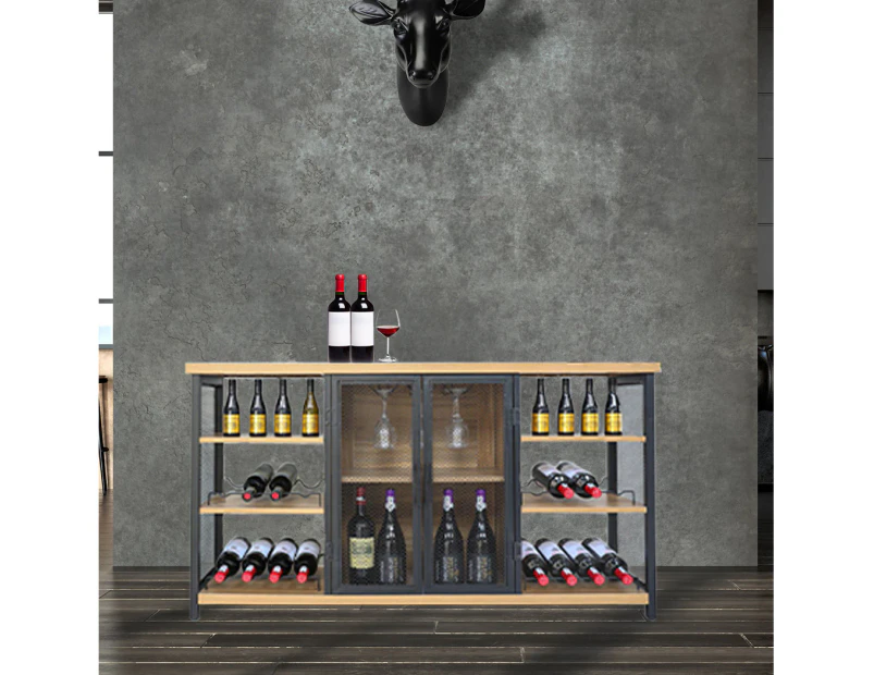 Levede Bar Cabinet Buffet Sideboard Industrial Wine Steamrack Glasses 140CM - Oak and black