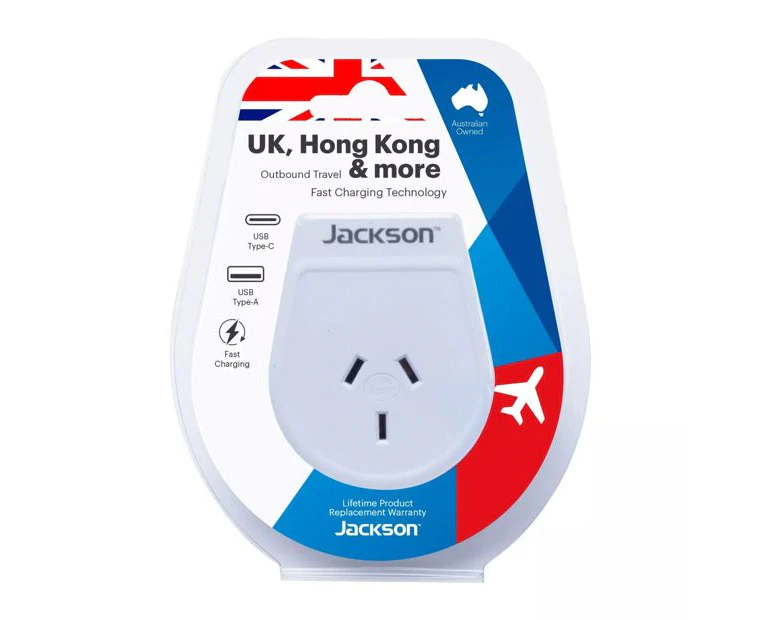 Jackson Travel Power Adaptor AUS/NZ To UK & Hong Kong w/ USB Type A/Type C