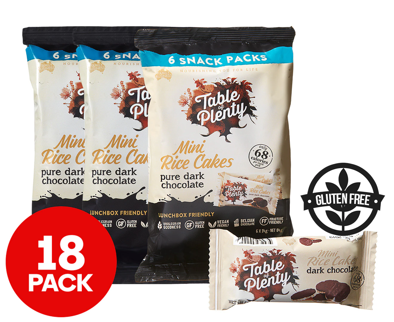 3 x Table of Plenty Mini Rice Cakes Snack Packs Pure Dark Chocolate 6pk