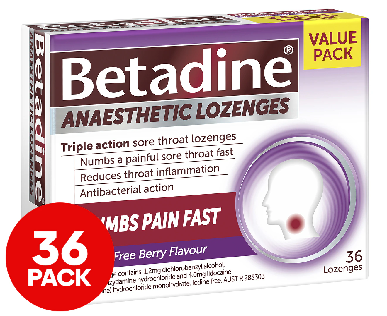 Betadine Sore Throat Anaesthetic Lozenges Berry 36 Pack