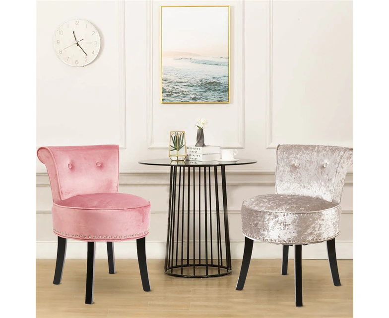 Soft Velvet Vanity Stool Upholstered Backrest Stool Dressing Dining Room Chair - Pink