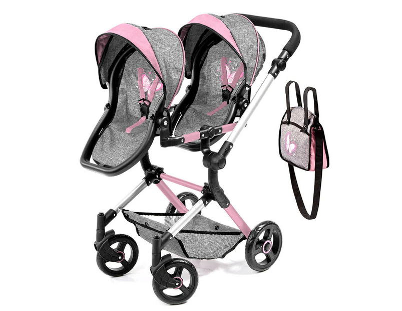 Bayer Twin Neo 81.5cm Pram/Stroller for 46cm Dolls Grey/Pink Butterfly Kids Toy